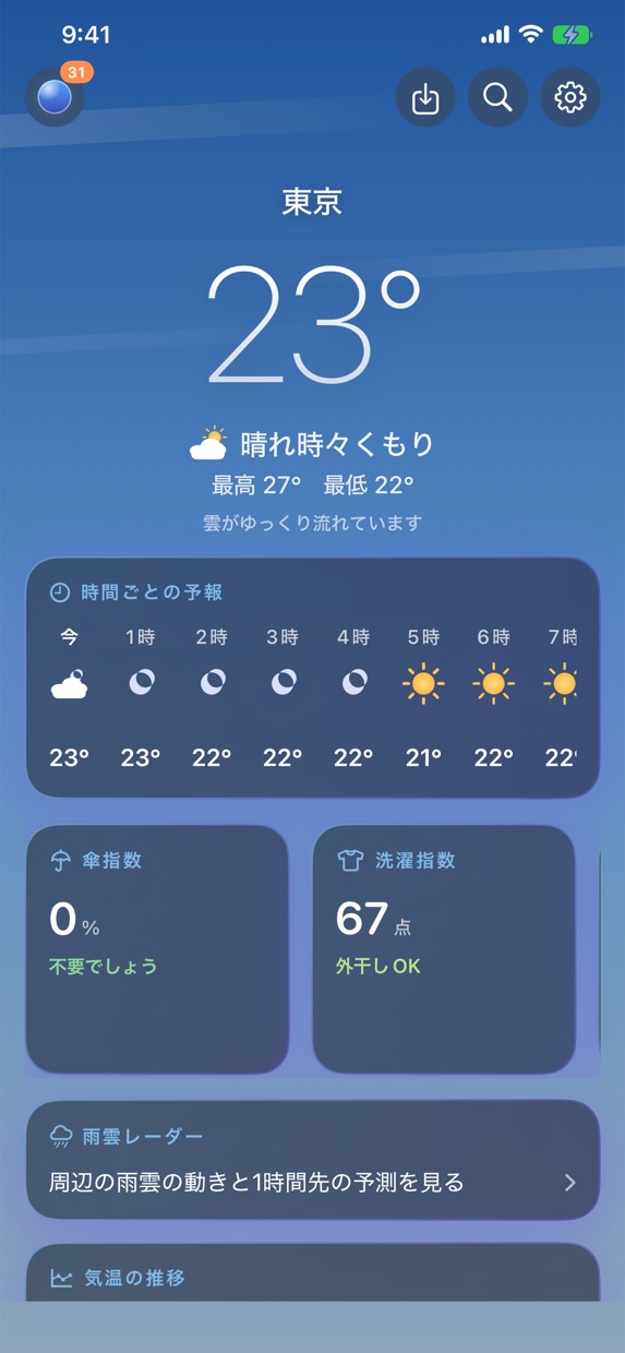 The main screen, with temperature, umbrella index and laundry index
